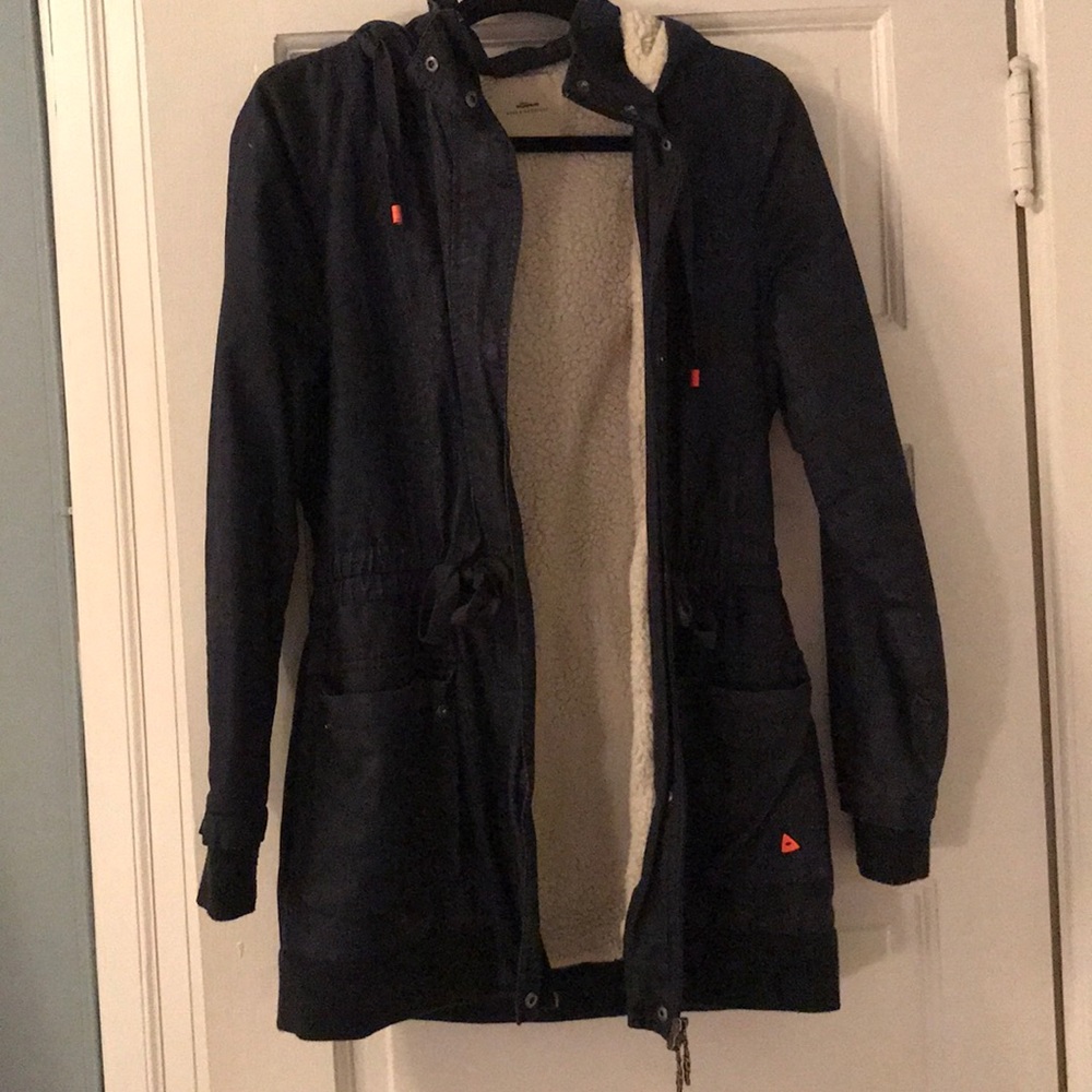 Fleece lined, dark blue, denim jacket with hoodie